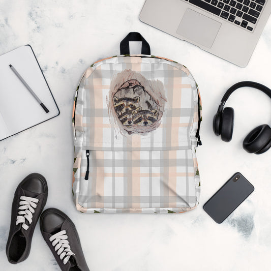 Backpack - Custom hand drawn floral and plaid design book bag