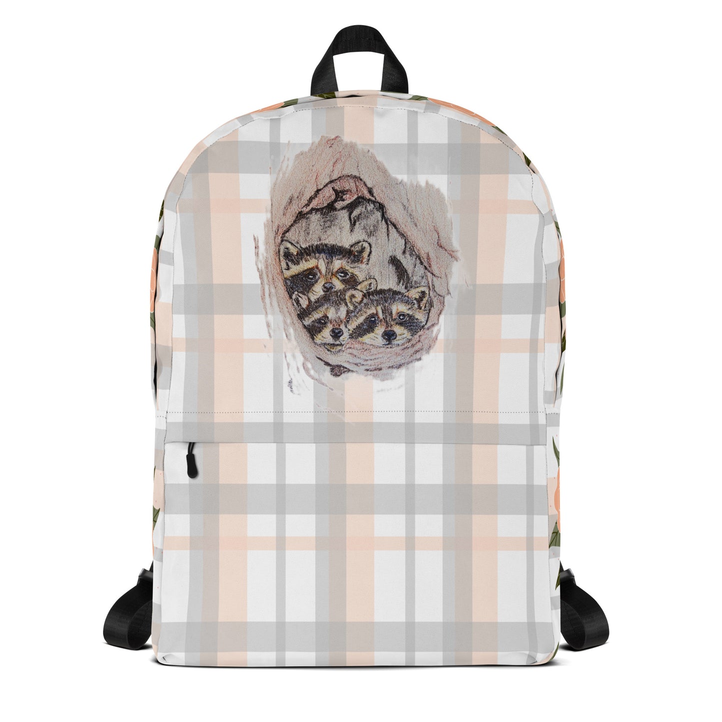 Backpack - Custom hand drawn floral and plaid design book bag