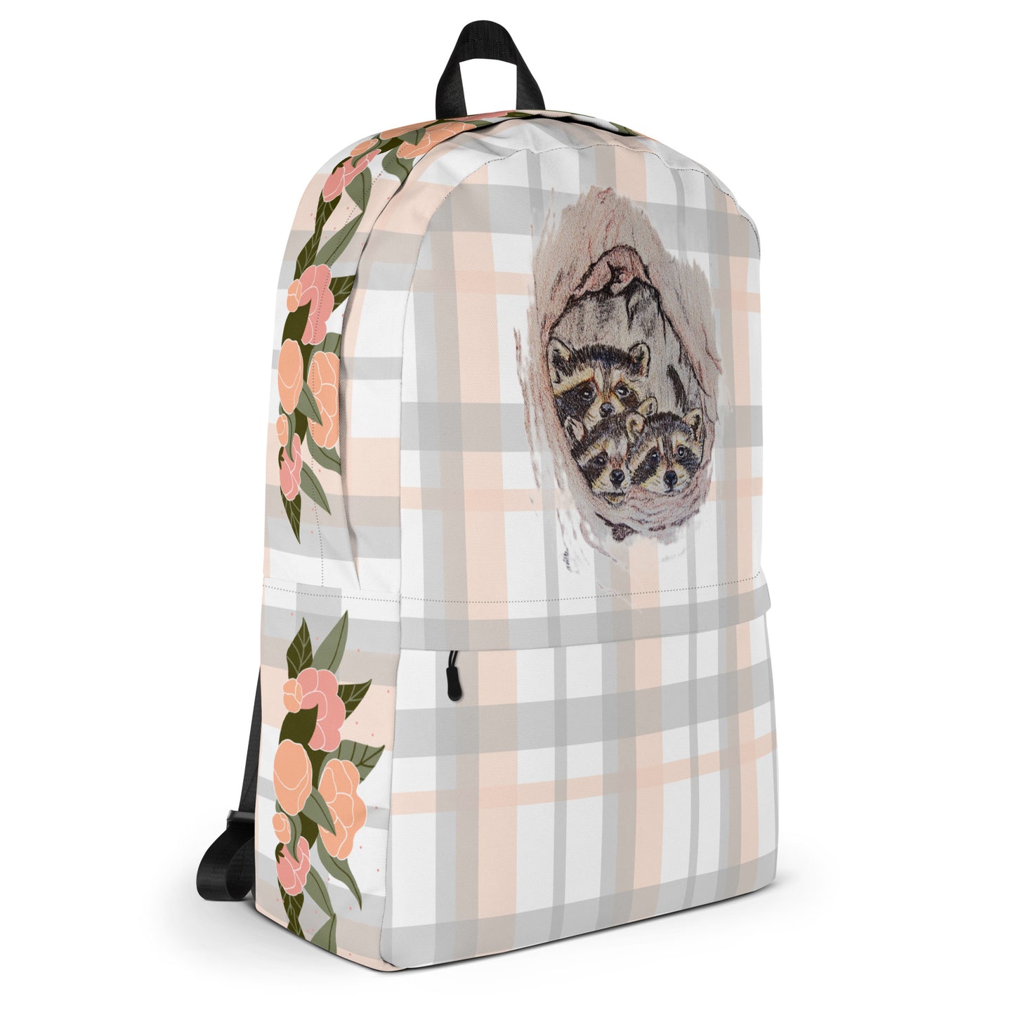 Backpack - Custom hand drawn floral and plaid design book bag