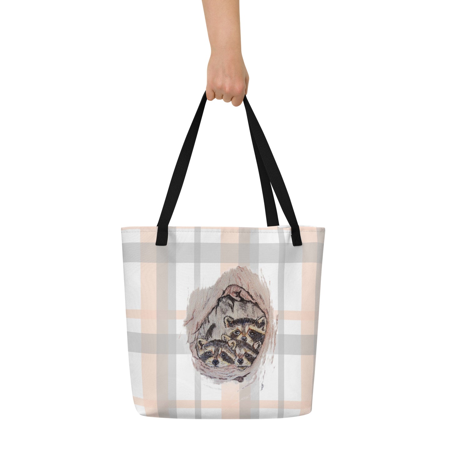 Large Tote Bag - custom hand drawn raccoon designed all over bag - plaid