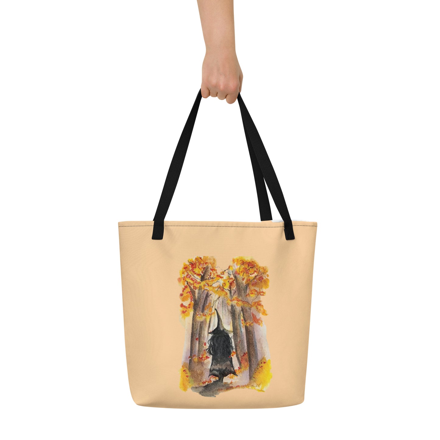 Large Tote Bag - autumn witch watercolor all-over print bag - peach