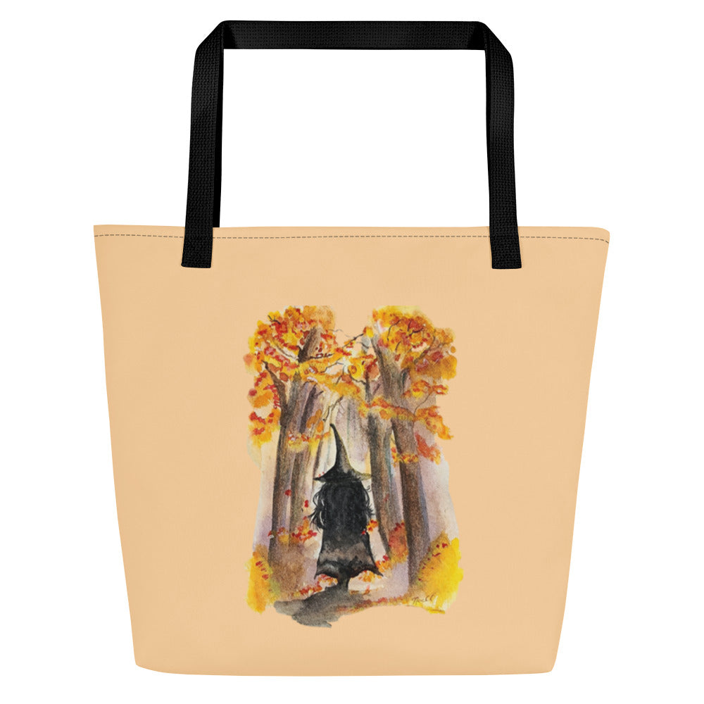 Large Tote Bag - autumn witch watercolor all-over print bag - peach