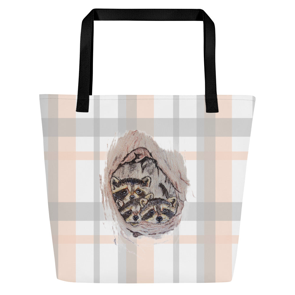 Large Tote Bag - custom hand drawn raccoon designed all over bag - plaid