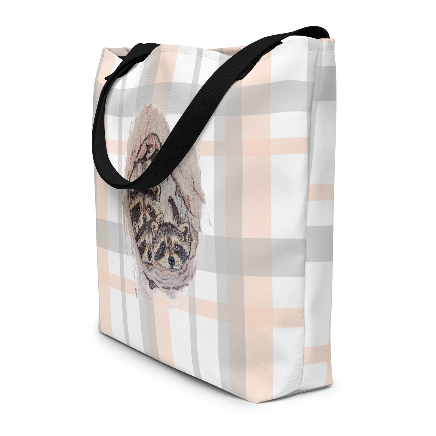 Large Tote Bag - custom hand drawn raccoon designed all over bag - plaid