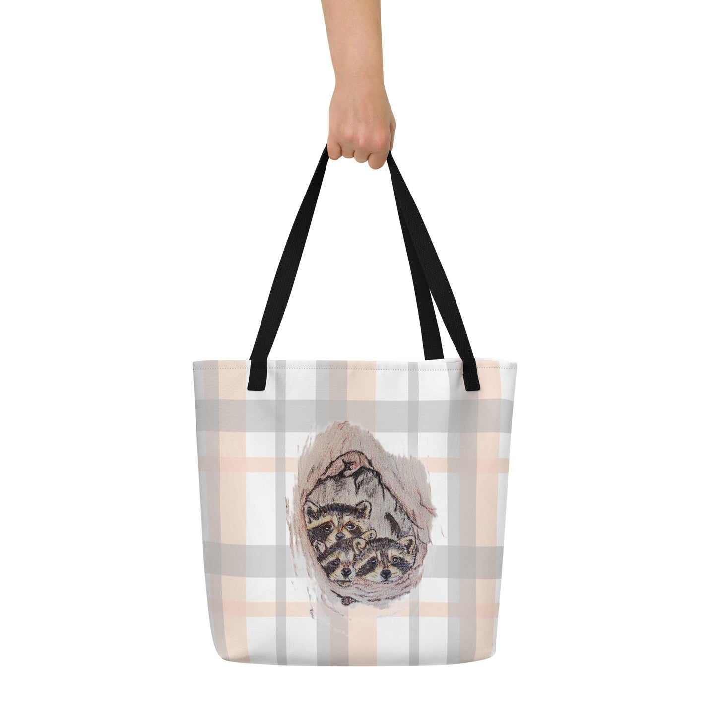 Large Tote Bag - custom hand drawn raccoon designed all over bag - plaid