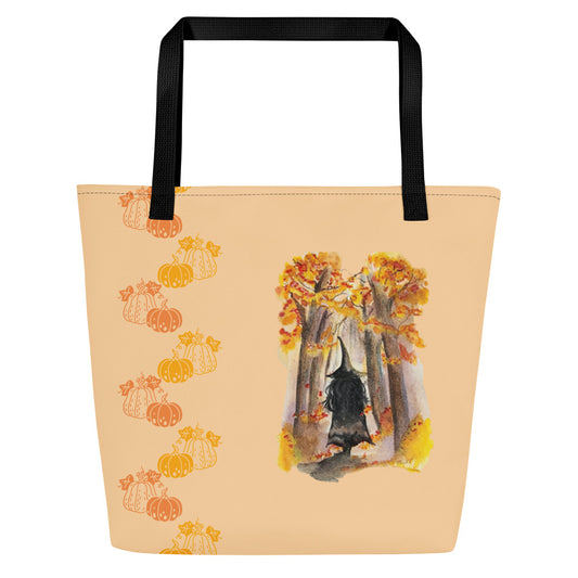 Large Tote Bag - autumn witch watercolor all-over print bag - peach