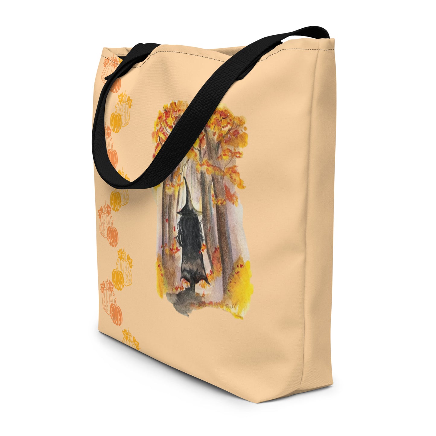 Large Tote Bag - autumn witch watercolor all-over print bag - peach