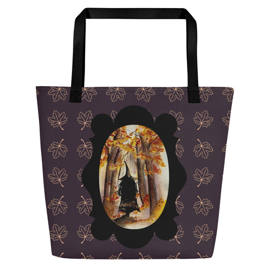 Large Tote Bag - watercolor autumn witch All-Over Print trick or treat bag - purple