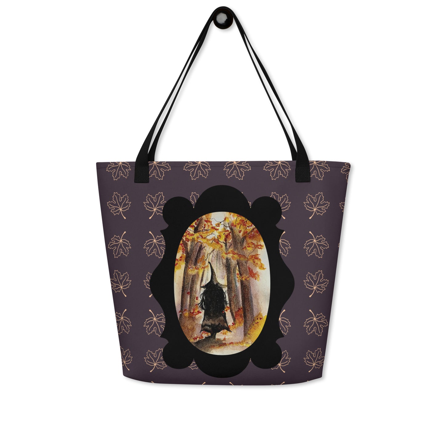 Large Tote Bag - watercolor autumn witch All-Over Print trick or treat bag - purple