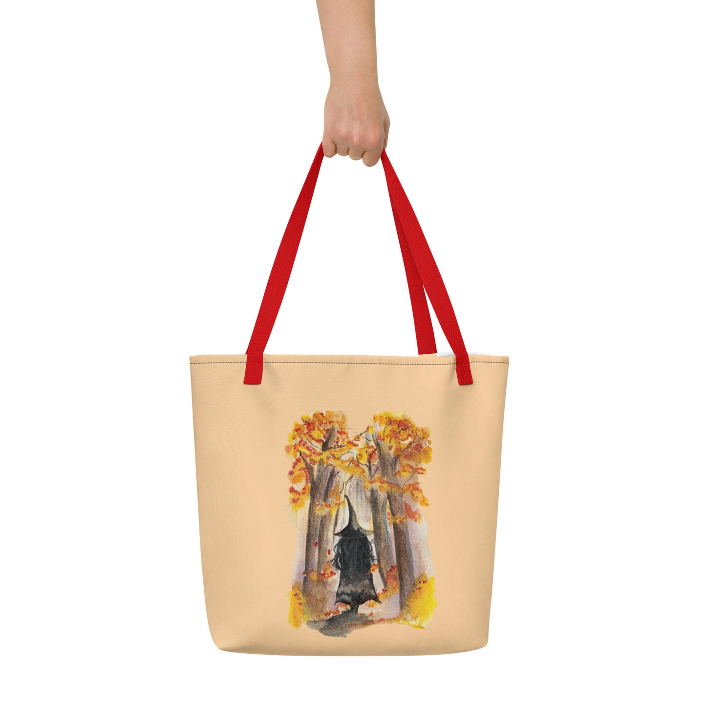 Large Tote Bag - autumn witch watercolor all-over print bag - peach