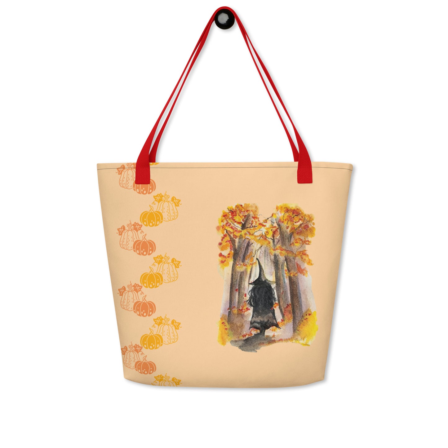 Large Tote Bag - autumn witch watercolor all-over print bag - peach