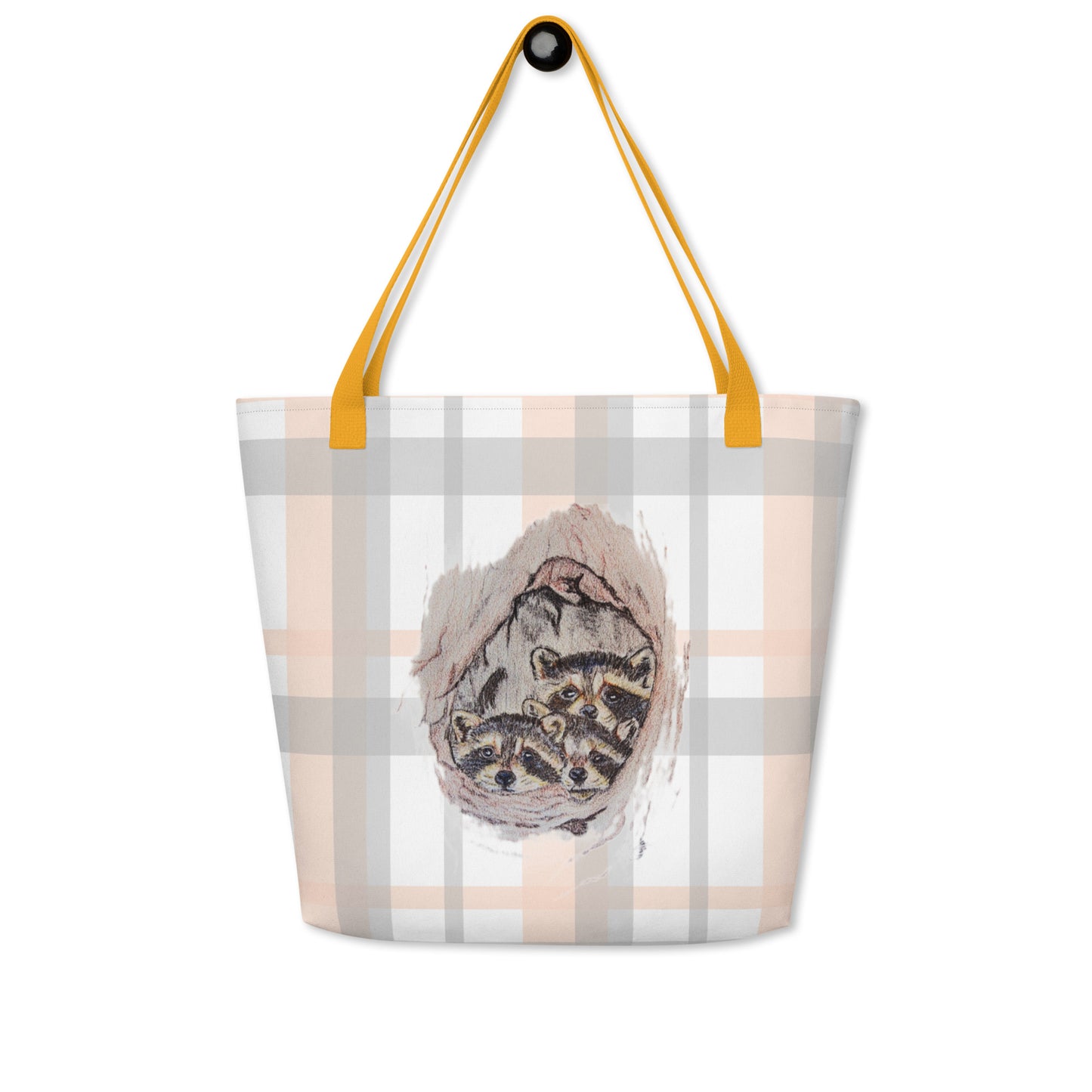 Large Tote Bag - custom hand drawn raccoon designed all over bag - plaid