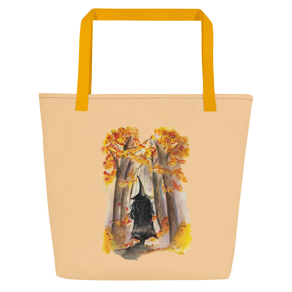 Large Tote Bag - autumn witch watercolor all-over print bag - peach