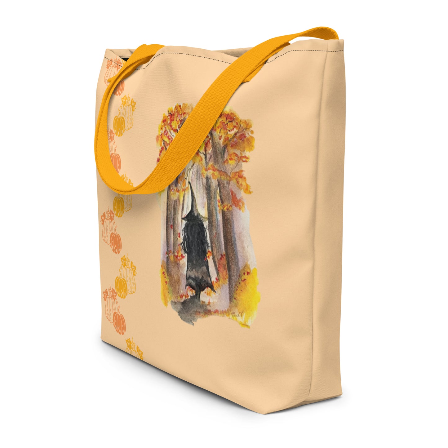 Large Tote Bag - autumn witch watercolor all-over print bag - peach