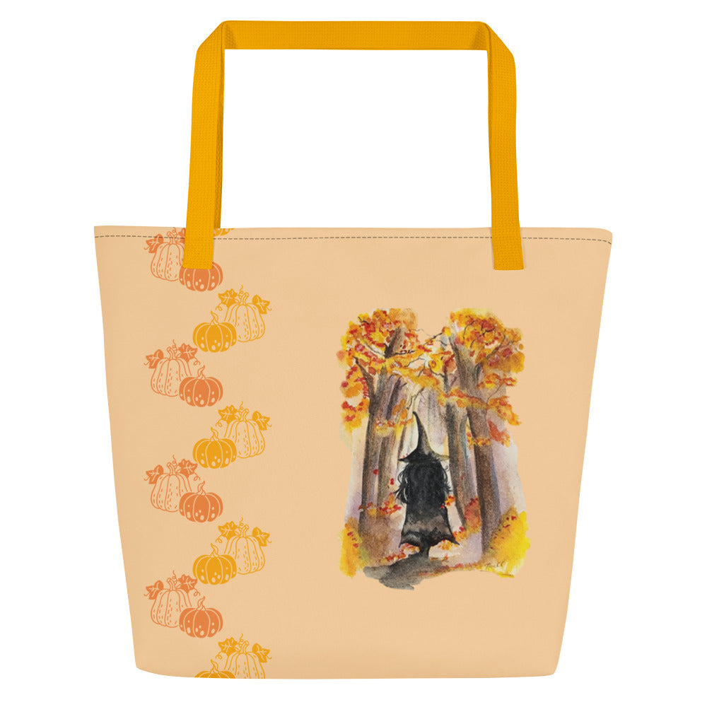 Large Tote Bag - autumn witch watercolor all-over print bag - peach