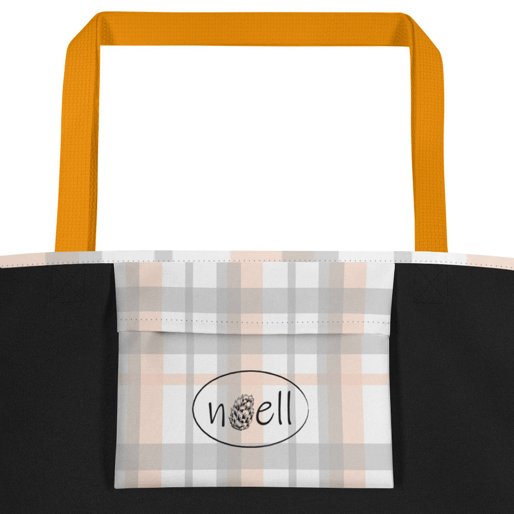 Large Tote Bag - custom hand drawn raccoon designed all over bag - plaid