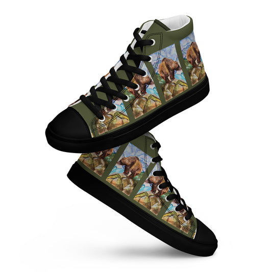 Men’s high top canvas shoes - watercolor painted grizzly bear design mens sneakers - army green