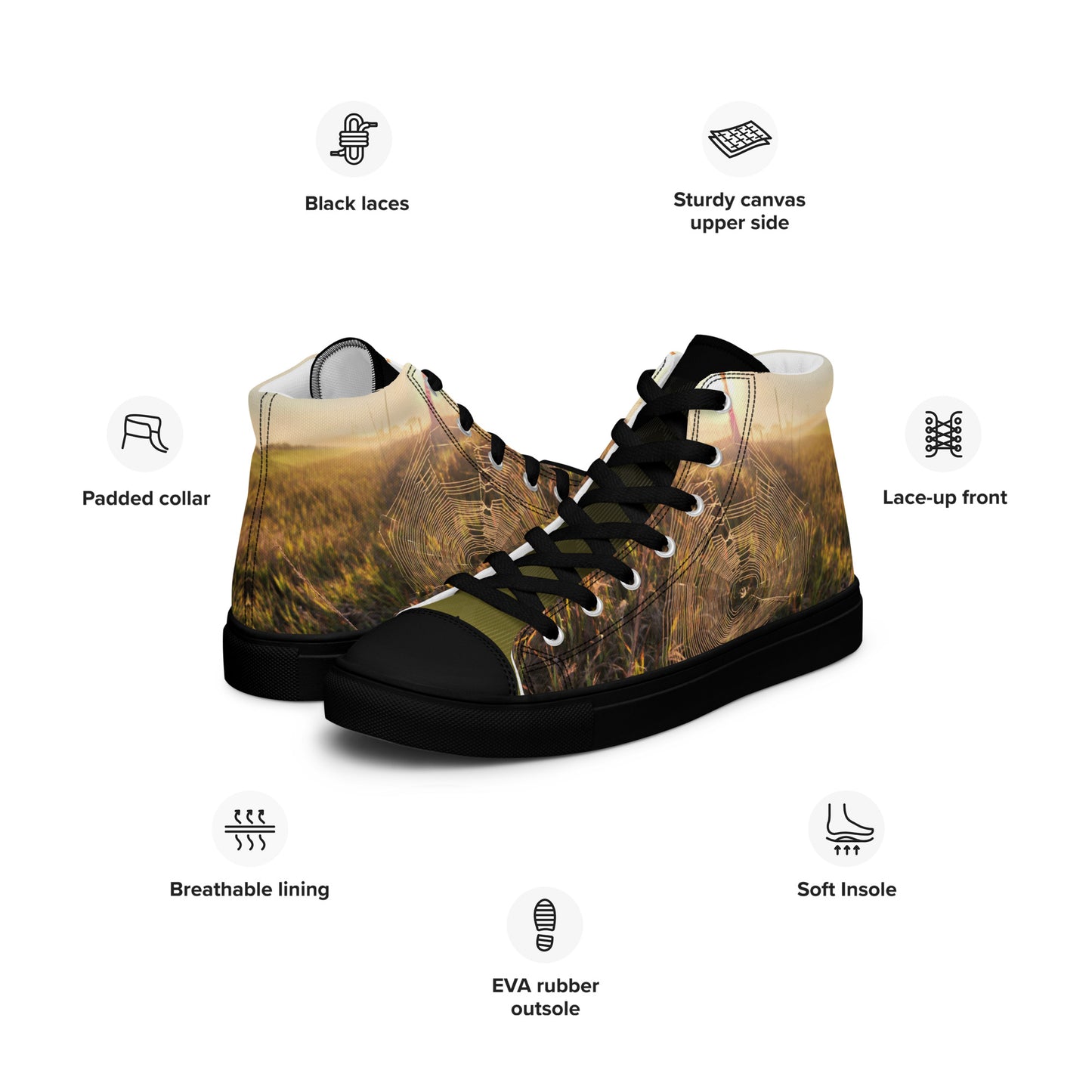 Men’s high top canvas shoes - spider web all over photo design mens shoe - black