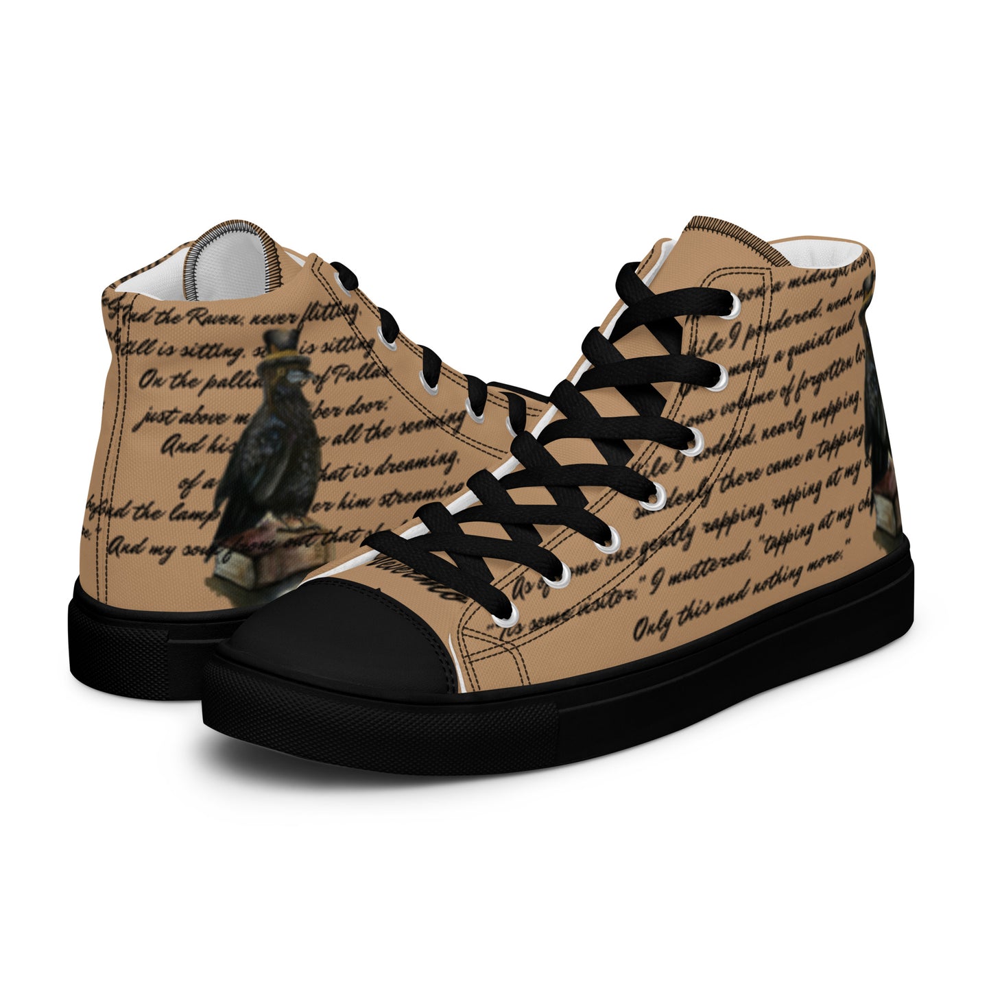 Men’s high top canvas shoes - custom watercolor raven poem designed book lover high tops - tan