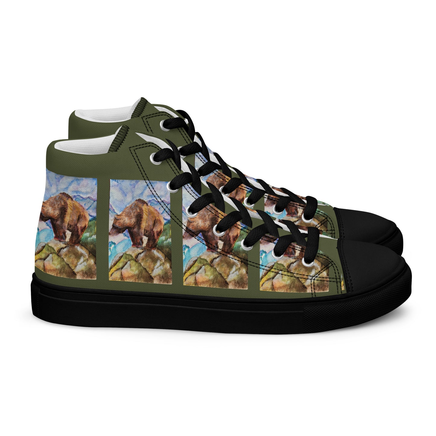 Men’s high top canvas shoes - watercolor painted grizzly bear design mens sneakers - army green