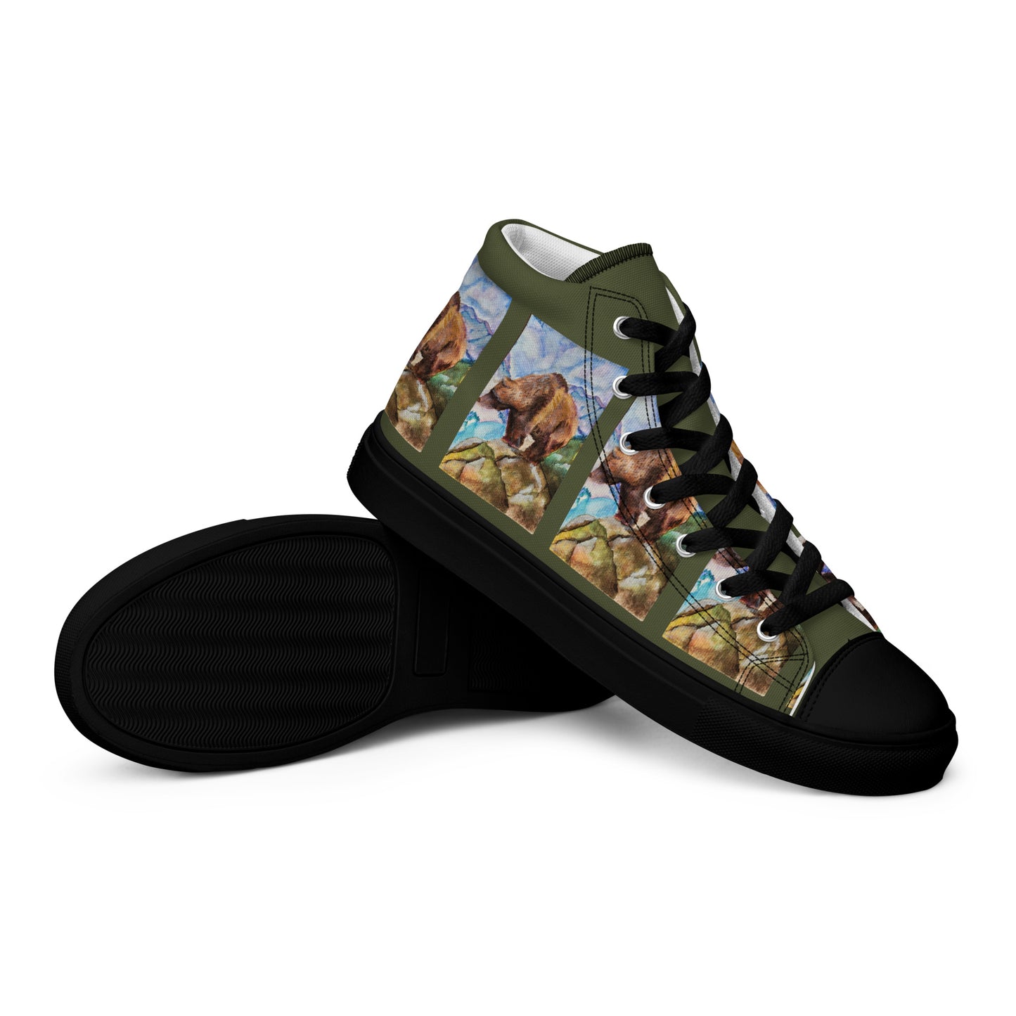 Men’s high top canvas shoes - watercolor painted grizzly bear design mens sneakers - army green