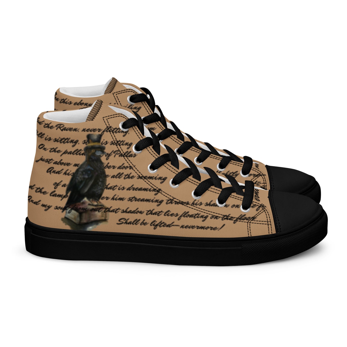 Men’s high top canvas shoes - custom watercolor raven poem designed book lover high tops - tan