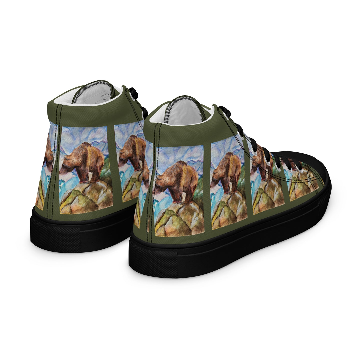 Men’s high top canvas shoes - watercolor painted grizzly bear design mens sneakers - army green