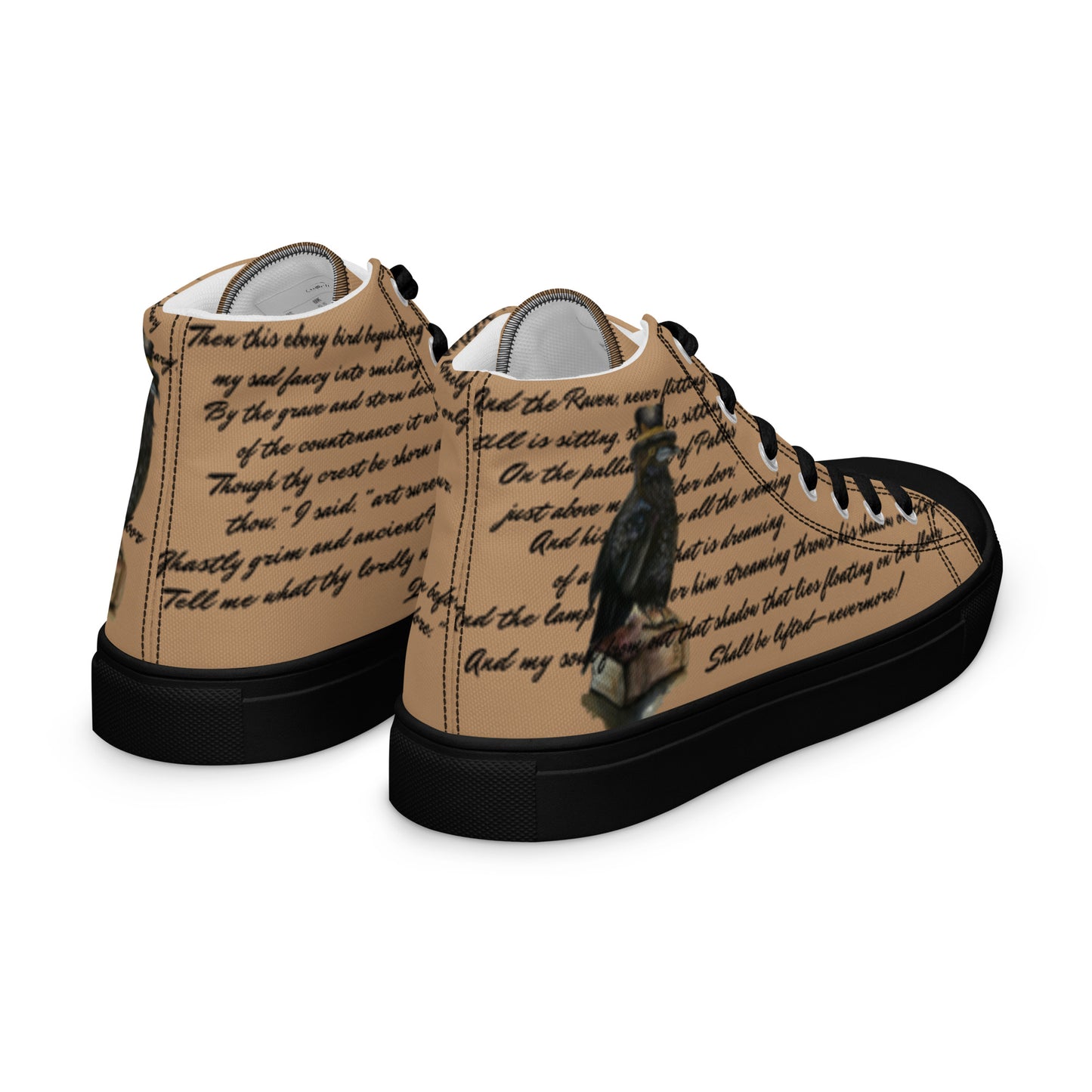 Men’s high top canvas shoes - custom watercolor raven poem designed book lover high tops - tan