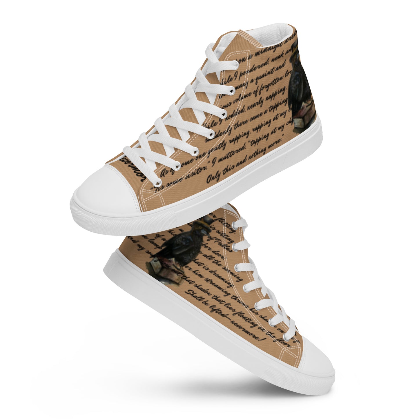 Men’s high top canvas shoes - custom watercolor raven poem designed book lover high tops - tan