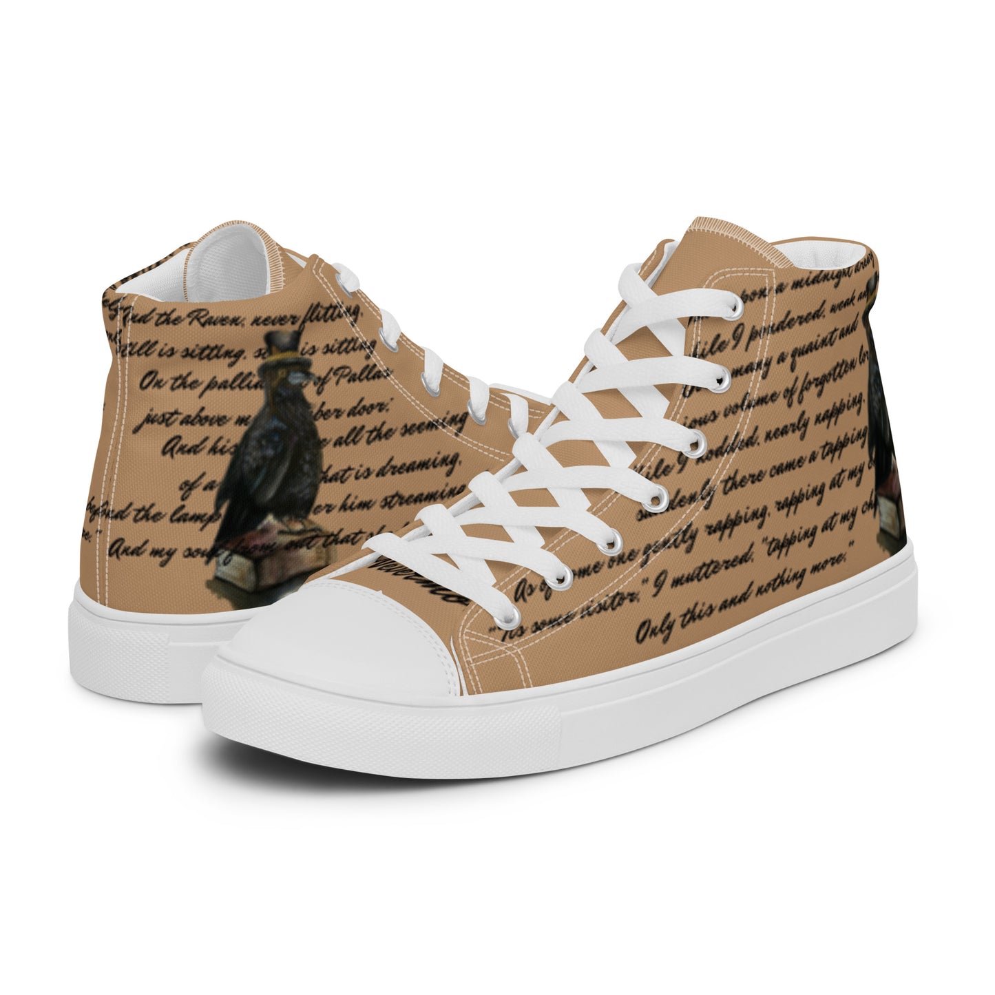 Men’s high top canvas shoes - custom watercolor raven poem designed book lover high tops - tan