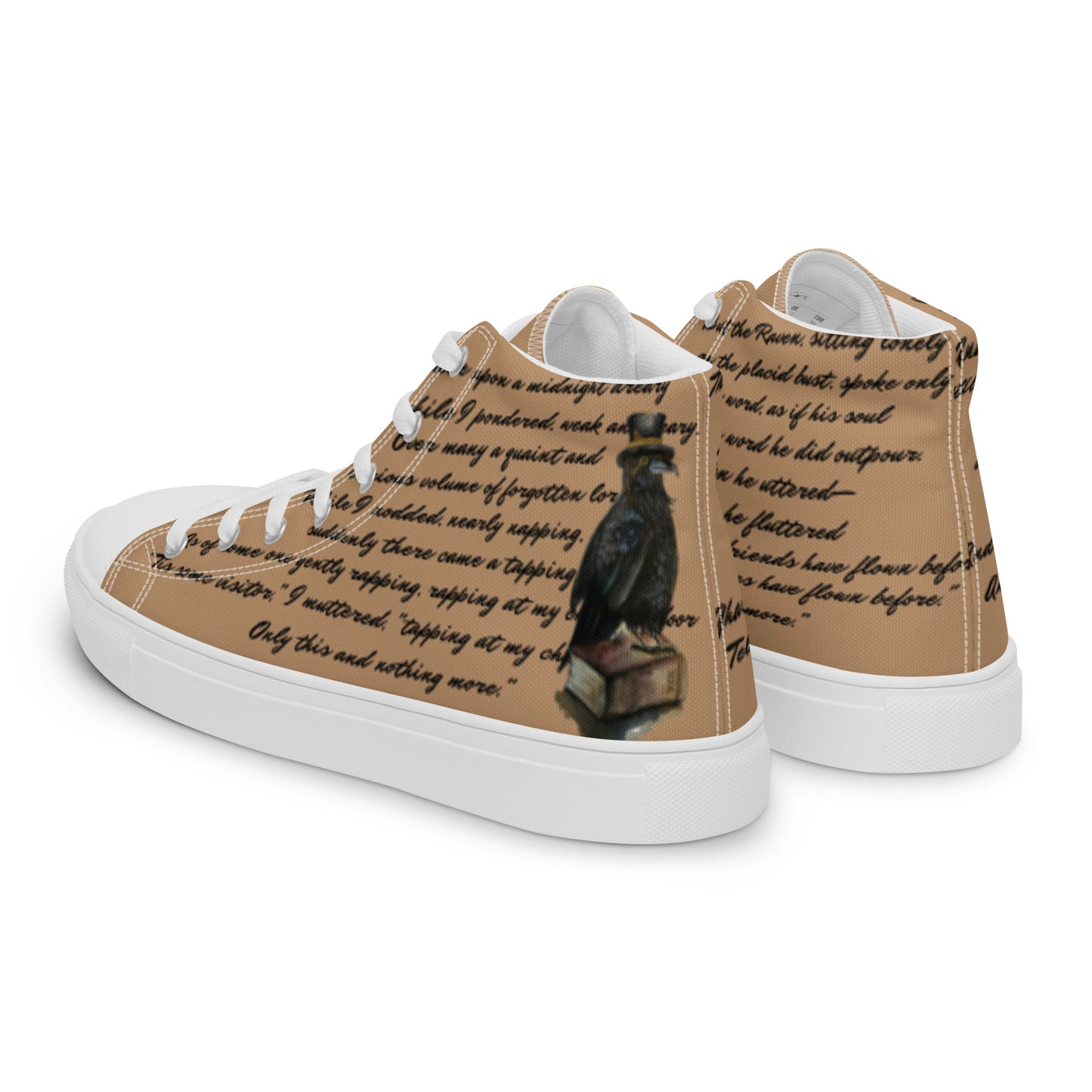 Men’s high top canvas shoes - custom watercolor raven poem designed book lover high tops - tan