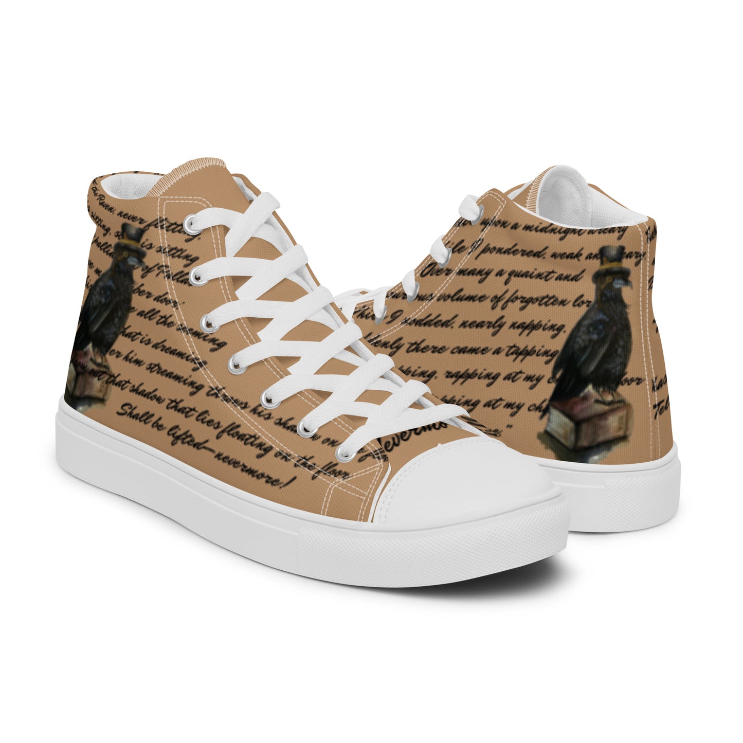 Men’s high top canvas shoes - custom watercolor raven poem designed book lover high tops - tan