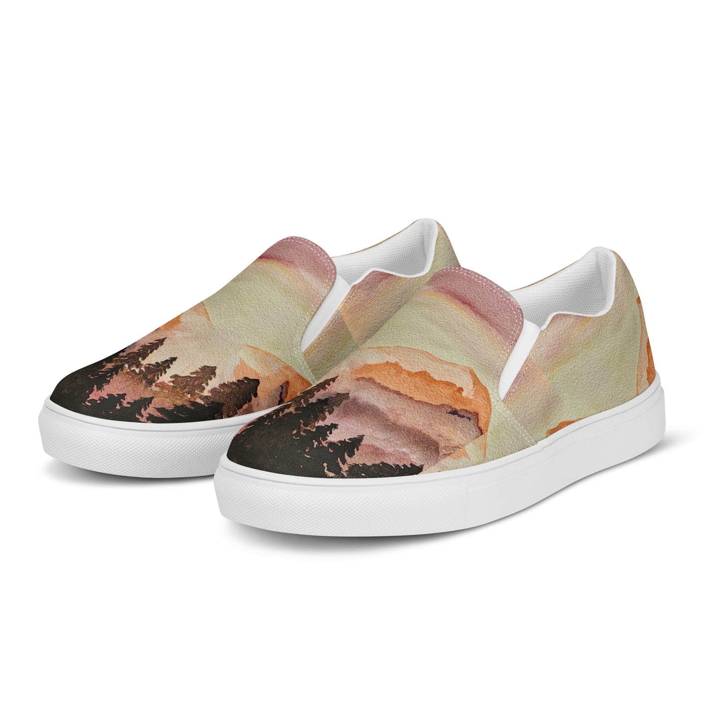 Men’s canvas shoes - watercolor mountain scene design slip-on shoe - multicolor