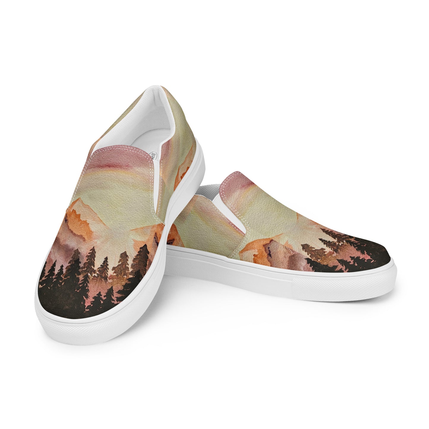 Men’s canvas shoes - watercolor mountain scene design slip-on shoe - multicolor