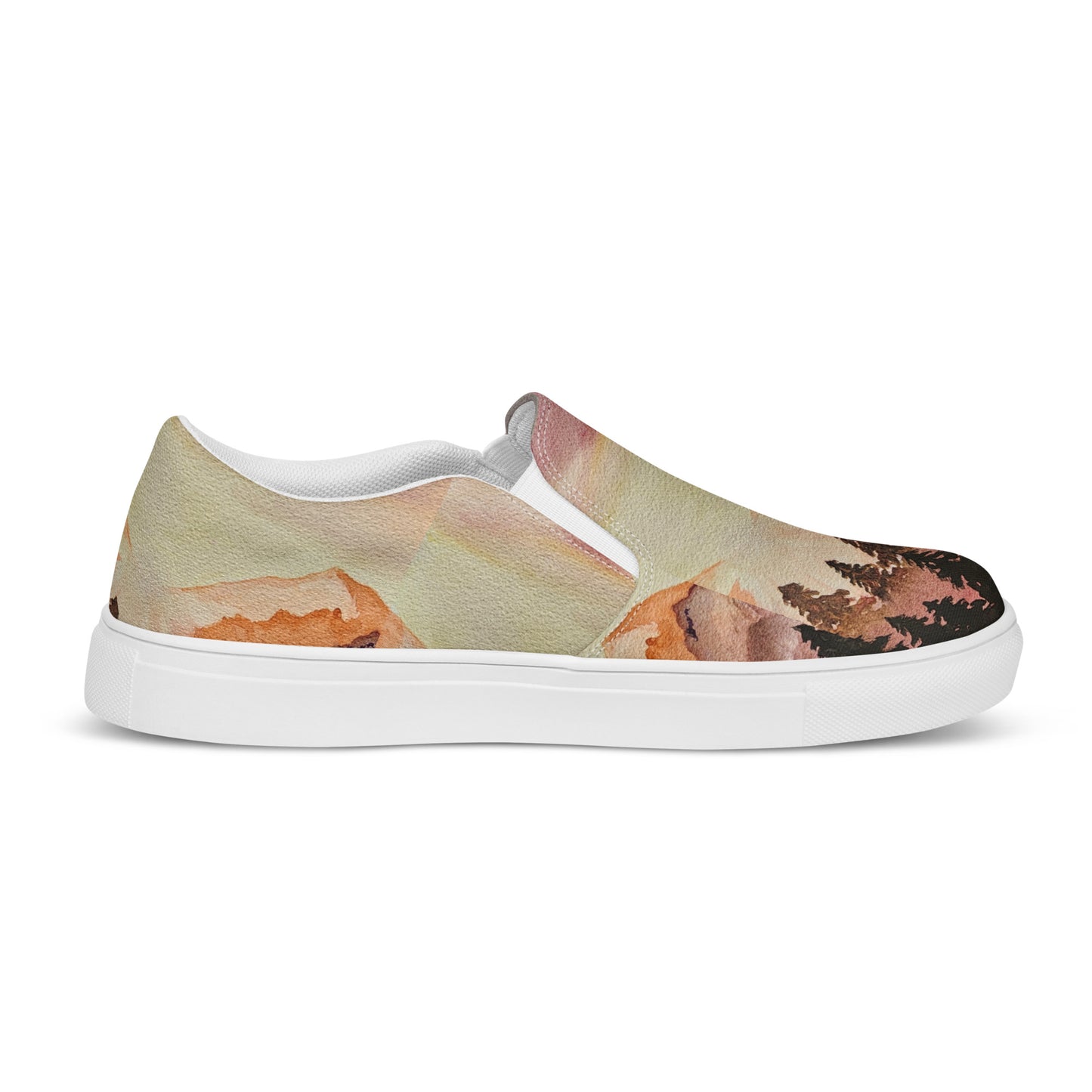 Men’s canvas shoes - watercolor mountain scene design slip-on shoe - multicolor