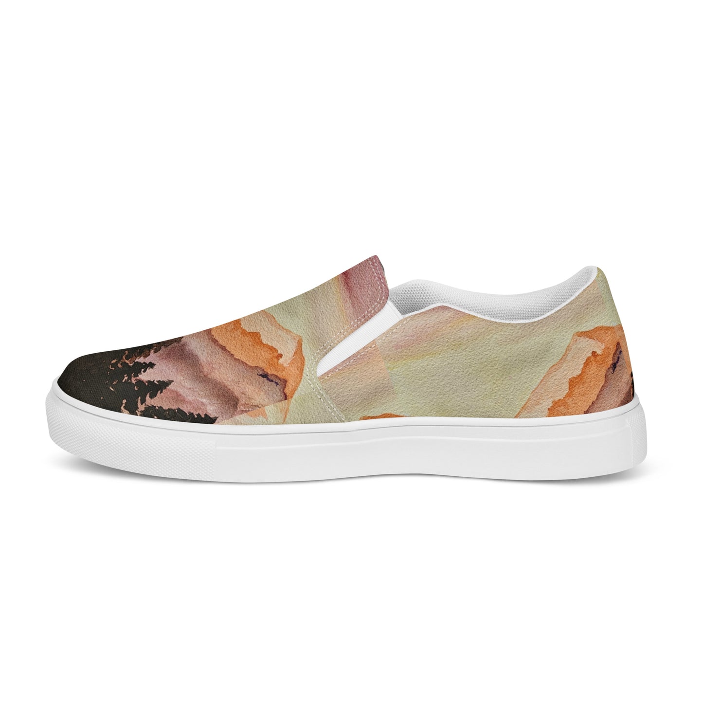 Men’s canvas shoes - watercolor mountain scene design slip-on shoe - multicolor