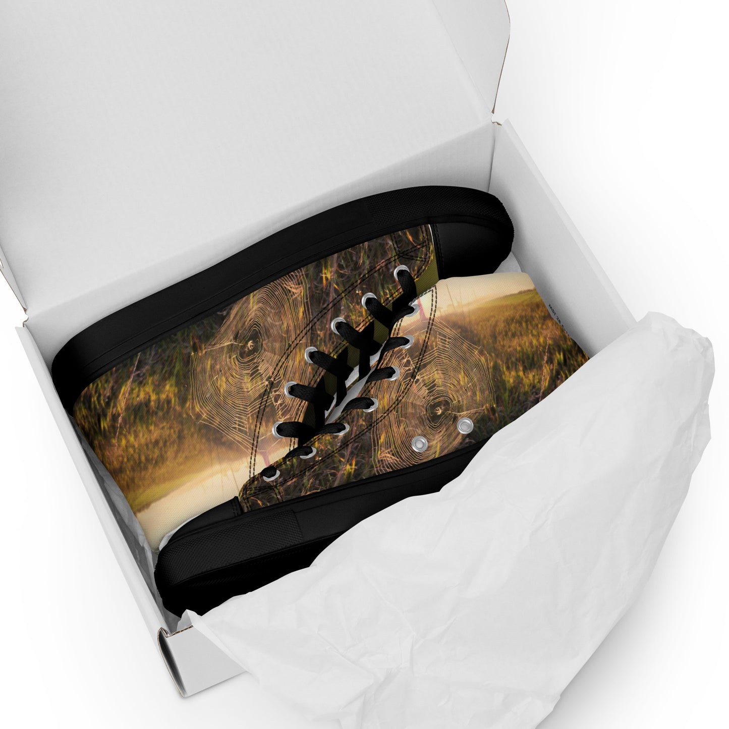 Women’s high top canvas shoes - Spider web all over photo design womens shoes - black