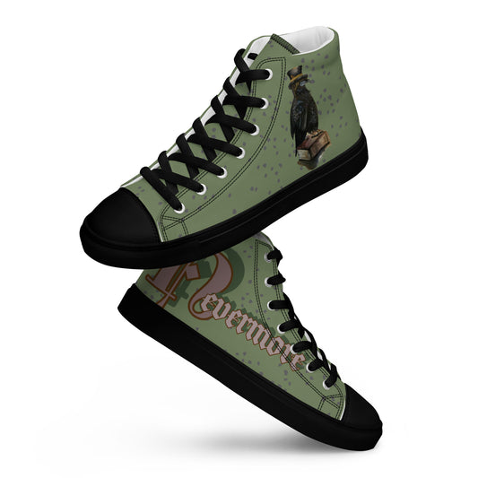 Women’s canvas shoes - watercolor raven "Nevermore" designed high tops - green