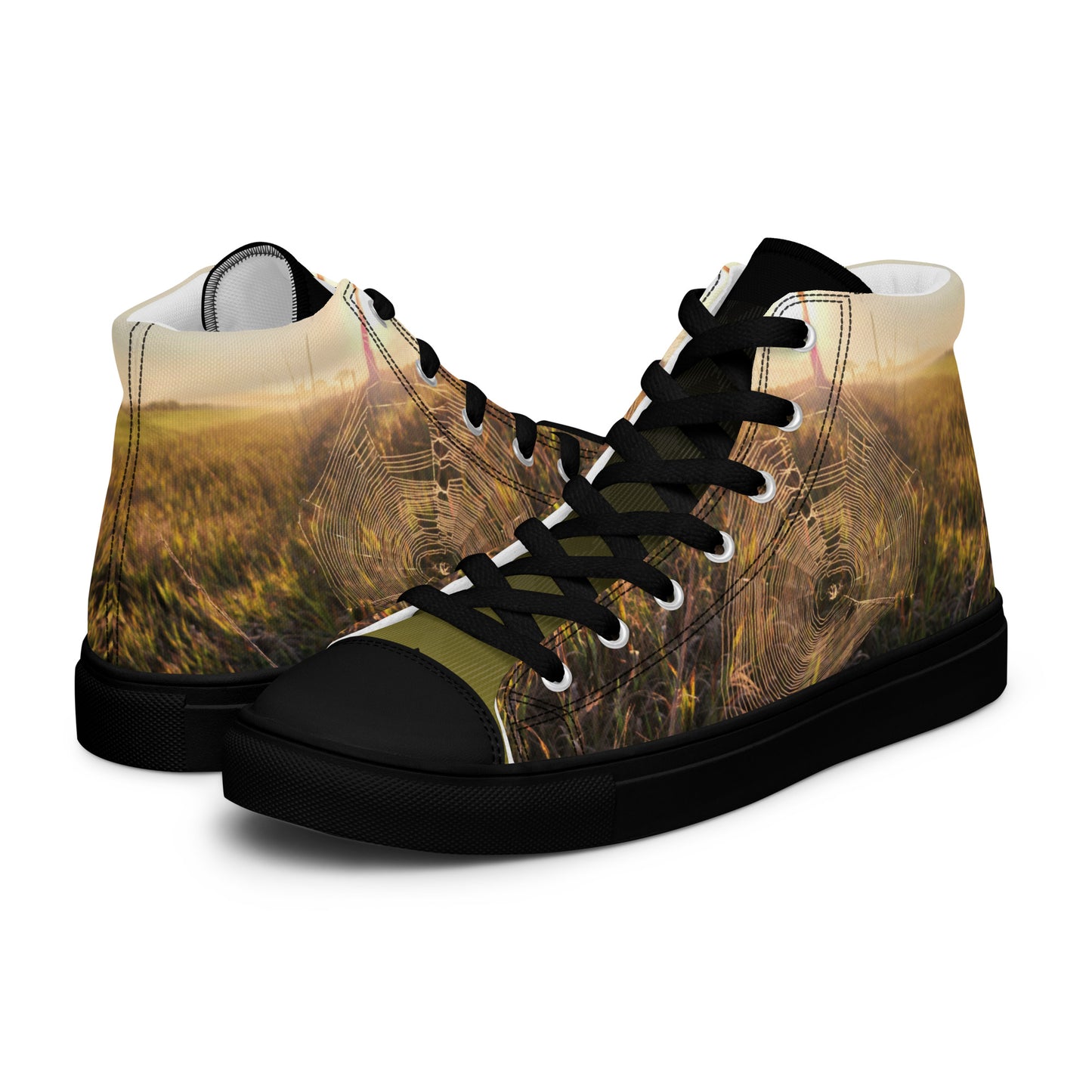 Women’s high top canvas shoes - Spider web all over photo design womens shoes - black