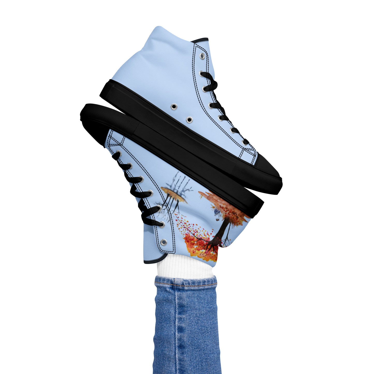 Women’s canvas shoes - watercolor autumn lake and reading girl designed high tops - blue