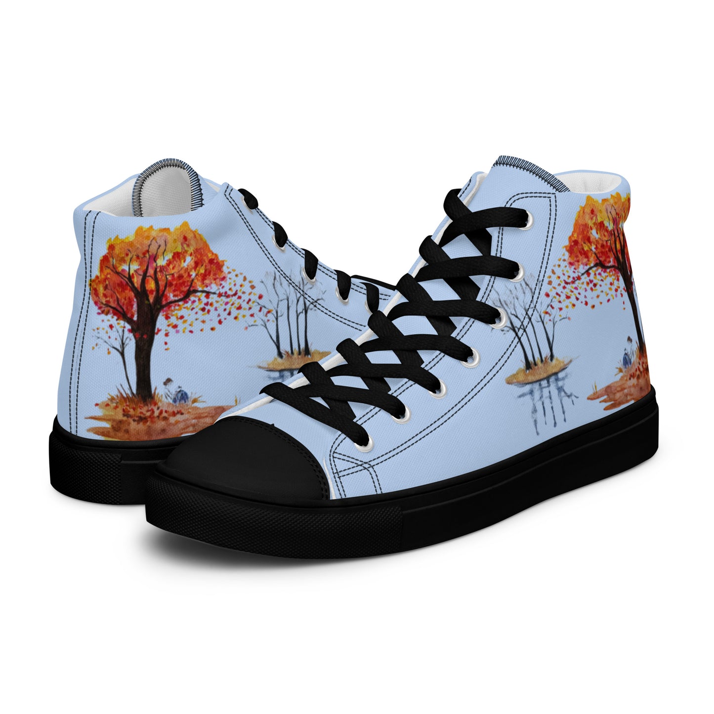 Women’s canvas shoes - watercolor autumn lake and reading girl designed high tops - blue