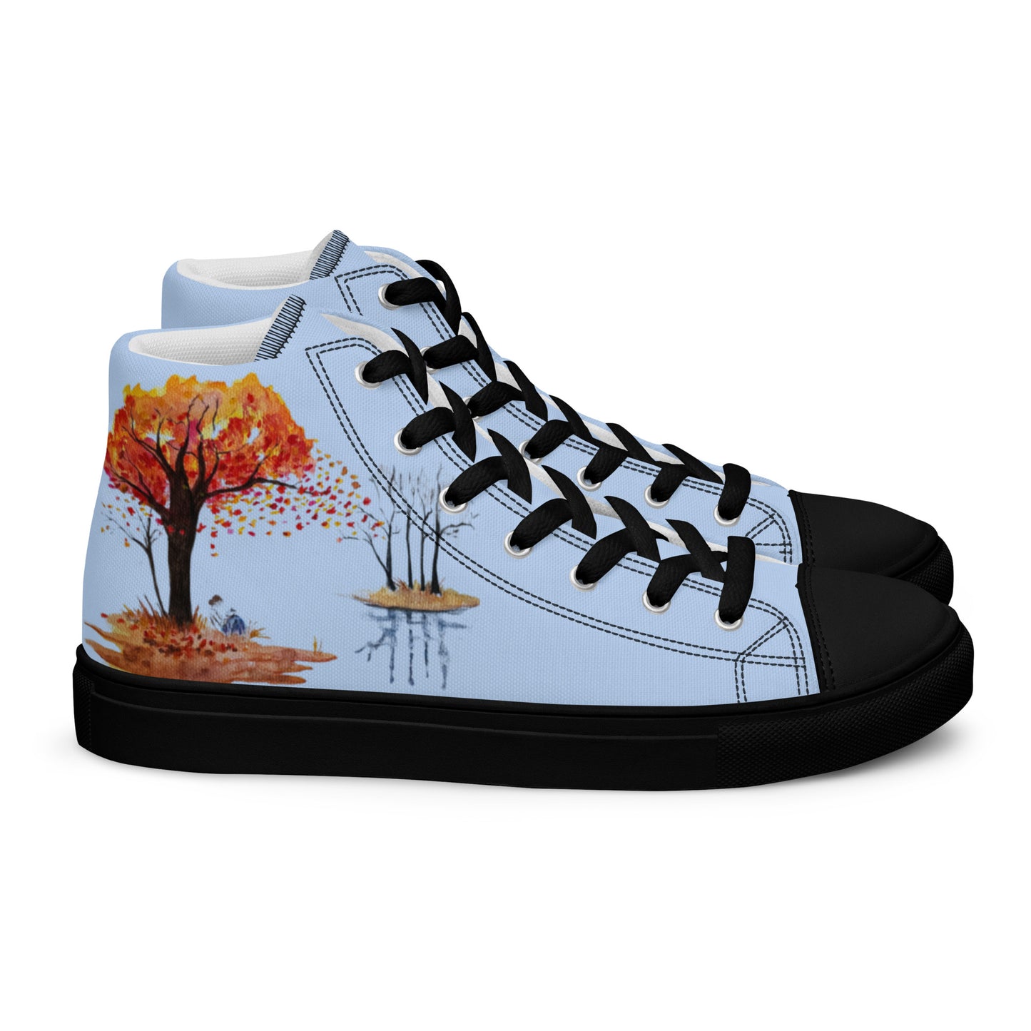 Women’s canvas shoes - watercolor autumn lake and reading girl designed high tops - blue