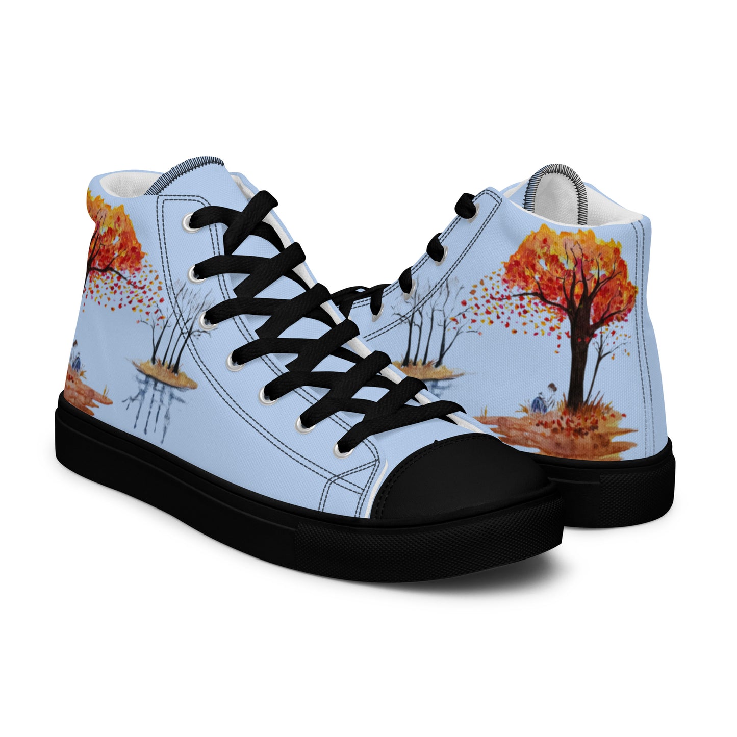 Women’s canvas shoes - watercolor autumn lake and reading girl designed high tops - blue