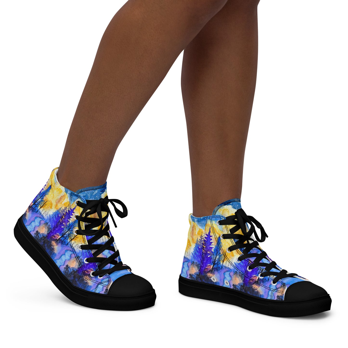 Women’s high top canvas shoes - Evening forest hand painted watercolor designed sneakers - multi