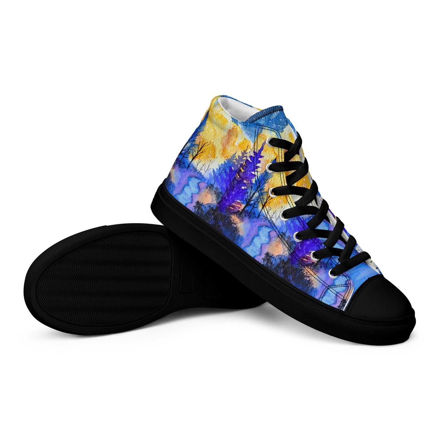 Women’s high top canvas shoes - Evening forest hand painted watercolor designed sneakers - multi