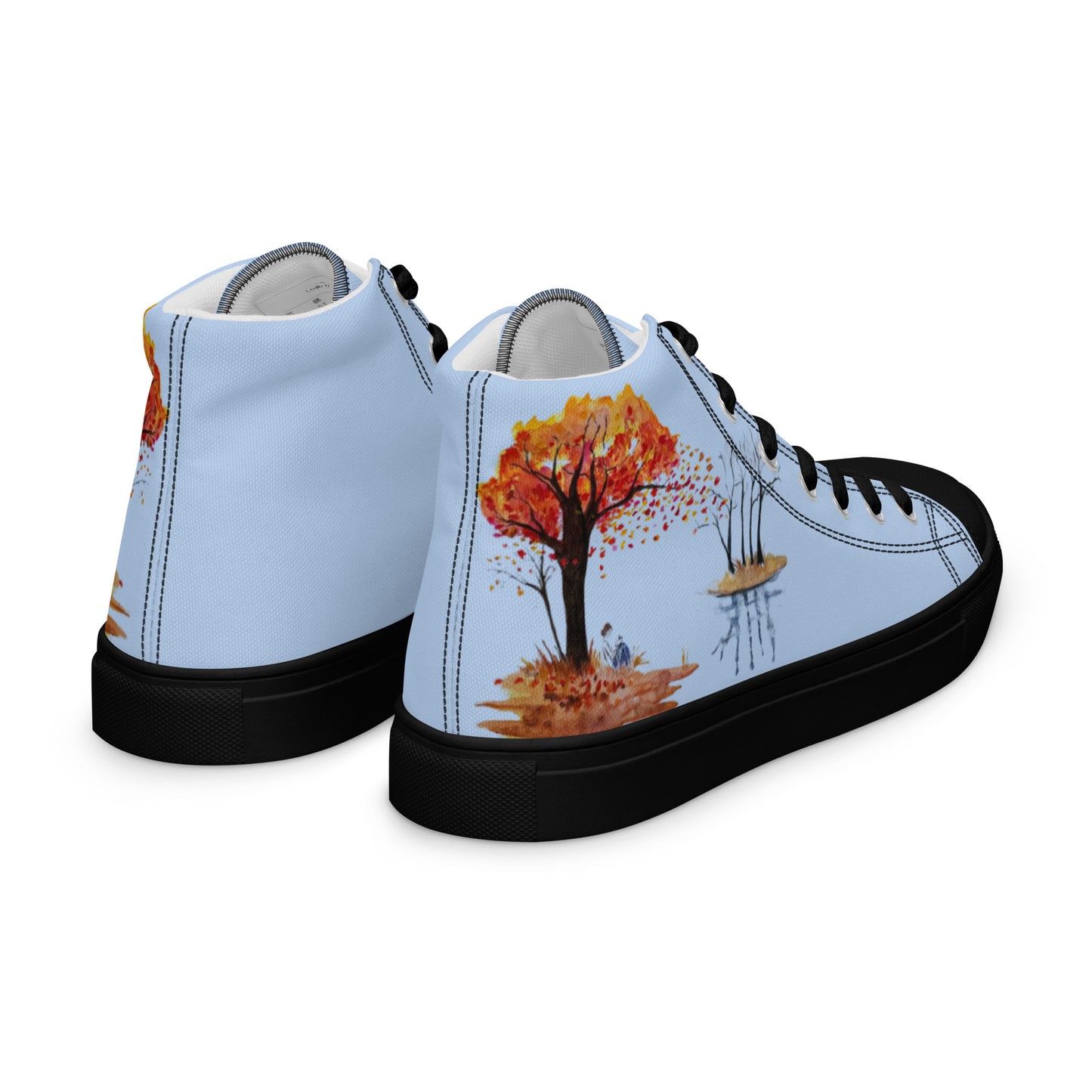 Women’s canvas shoes - watercolor autumn lake and reading girl designed high tops - blue