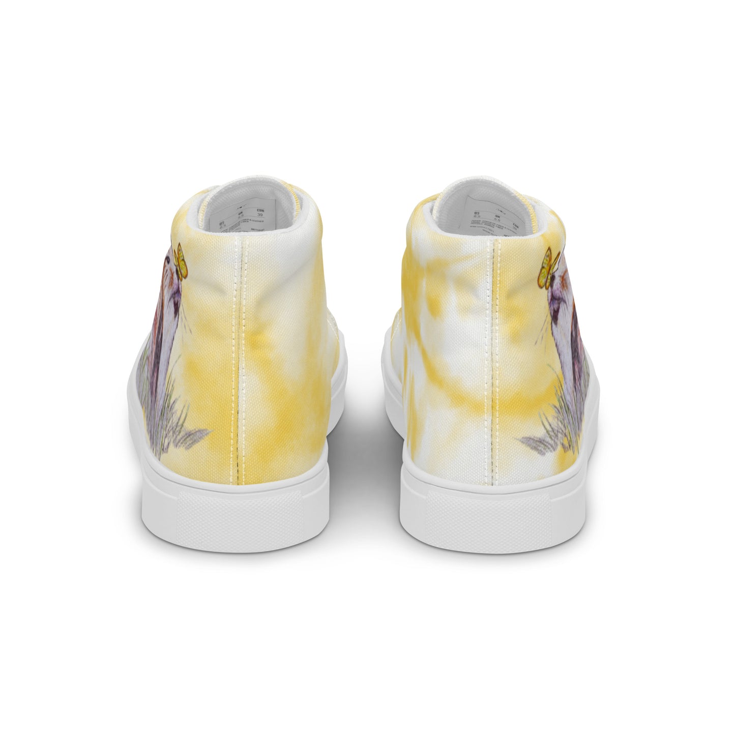 Women’s high top canvas shoes - custom hand drawn fox & butterfly design - yellow