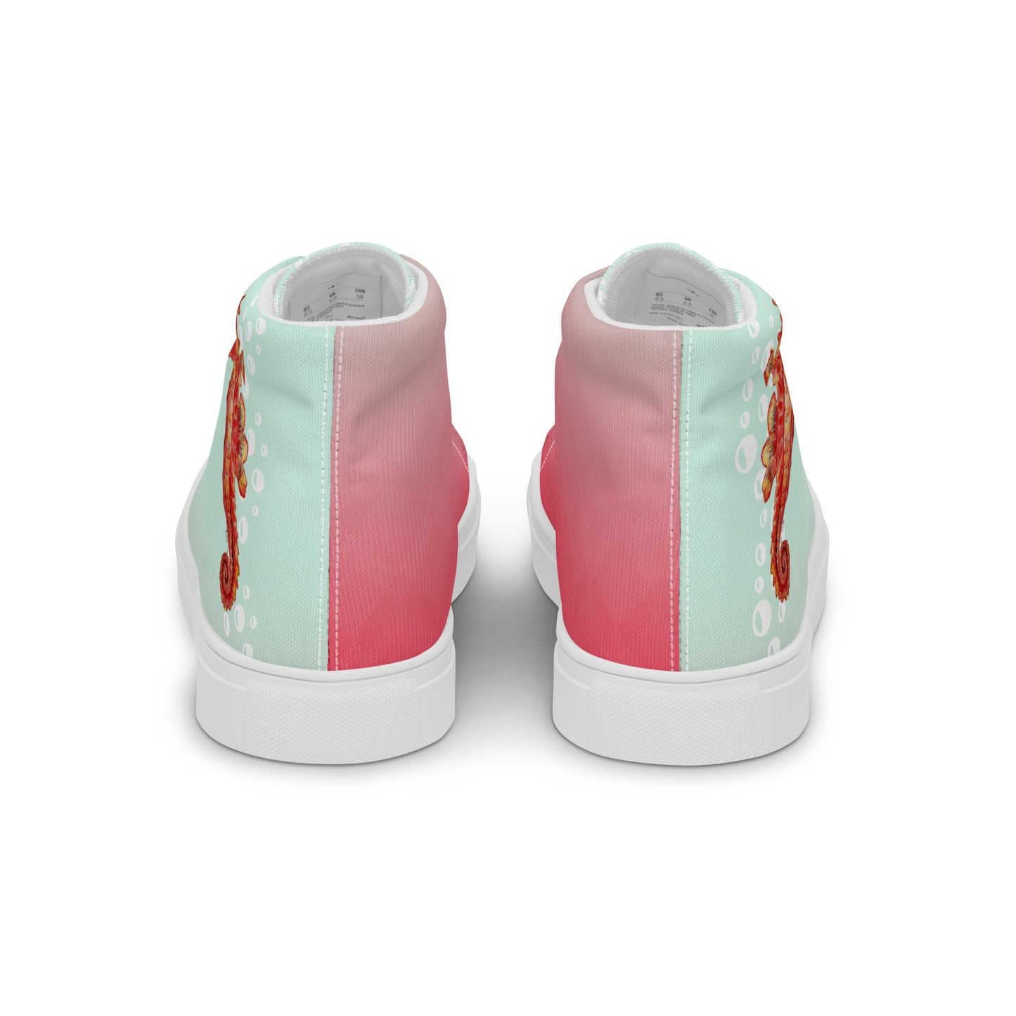 Women’s high top canvas shoes - hand painted watercolor seahorse designed sneakers - green/pink