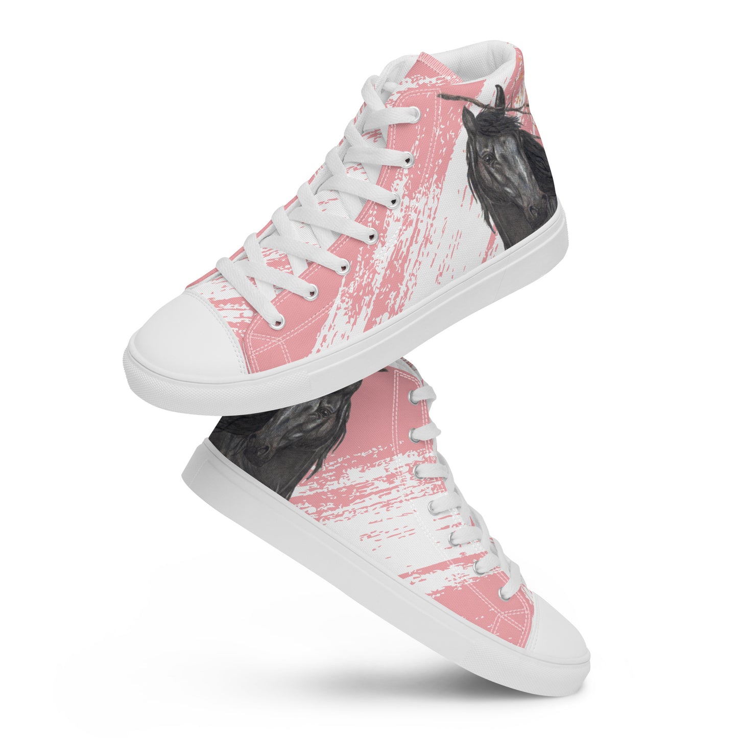 Women’s Horse High Top Canvas Shoes - Original hand-drawn Black Horse design lace up canvas sneakers - Pink