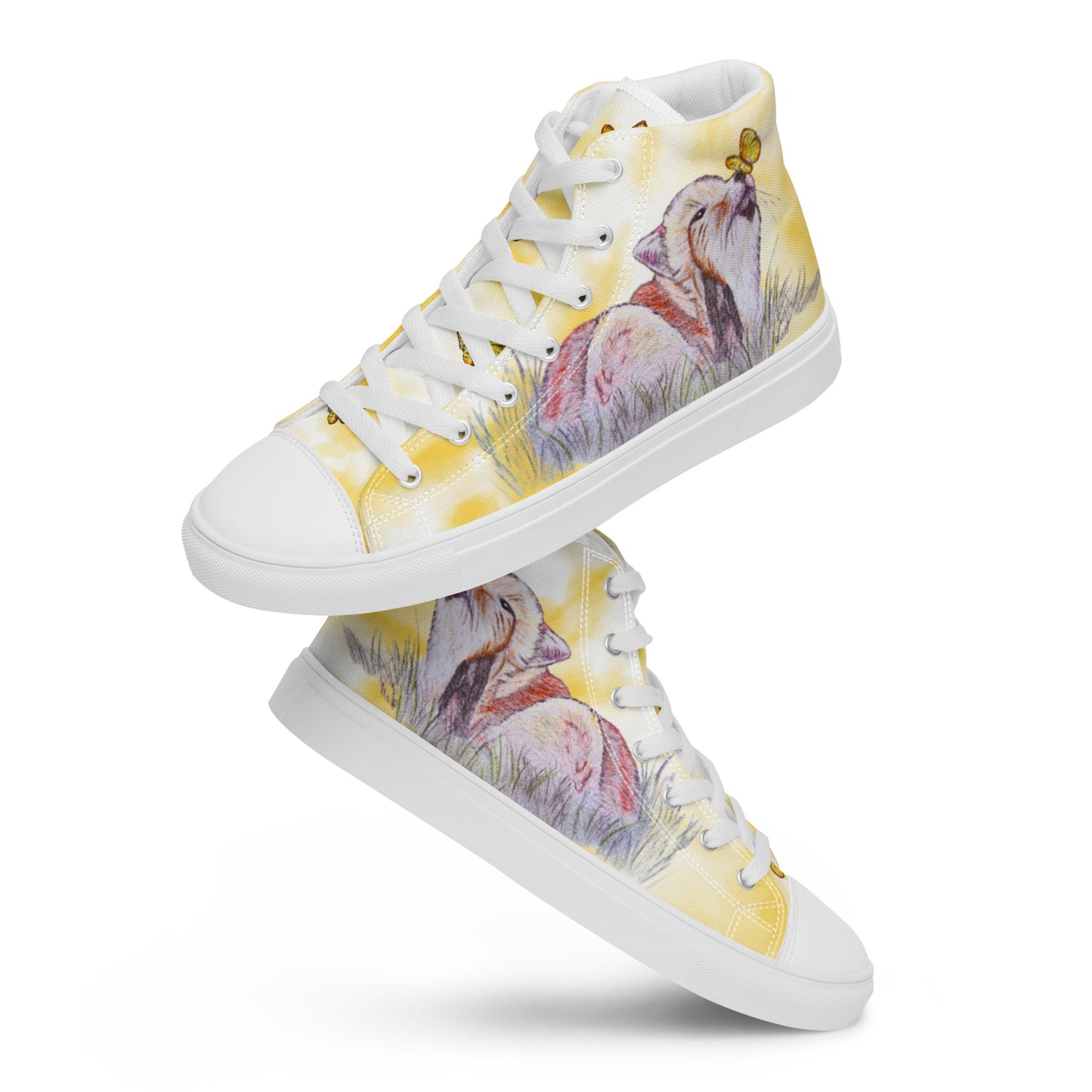 Women’s high top canvas shoes - custom hand drawn fox & butterfly design - yellow